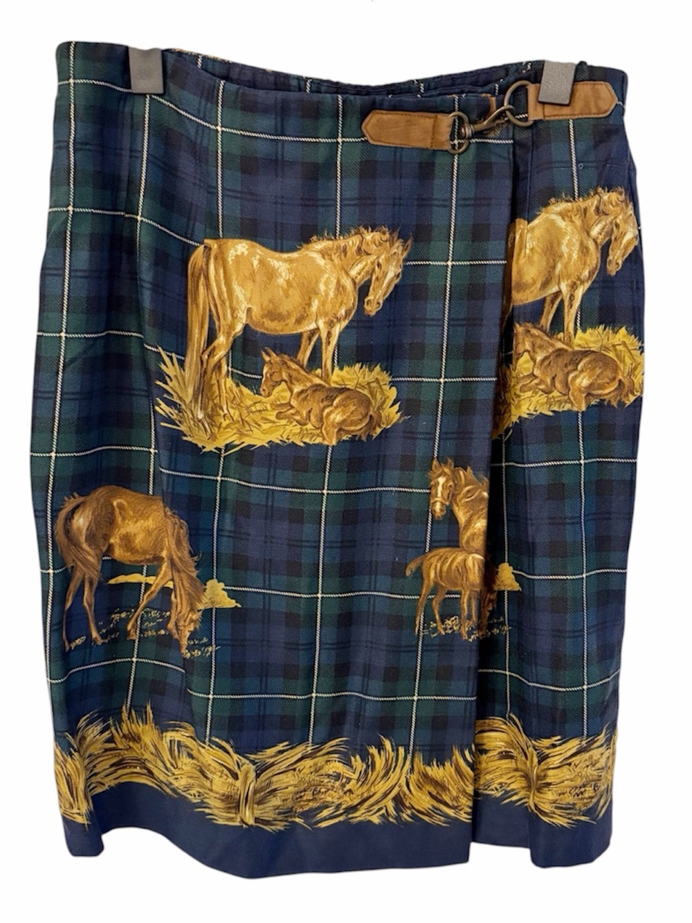 Vintage Susan Bristol Navy Plaid Wrap Skirt w/Gold Horse Motif
